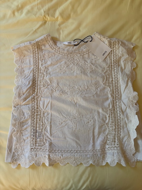 Mango Tops - Mango Cream Cotton Lace Crochet Sleeve Blouse